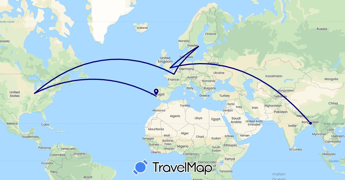 TravelMap itinerary: driving in Bangladesh, France, United Kingdom, Netherlands, Portugal, Sweden, United States (Asia, Europe, North America)